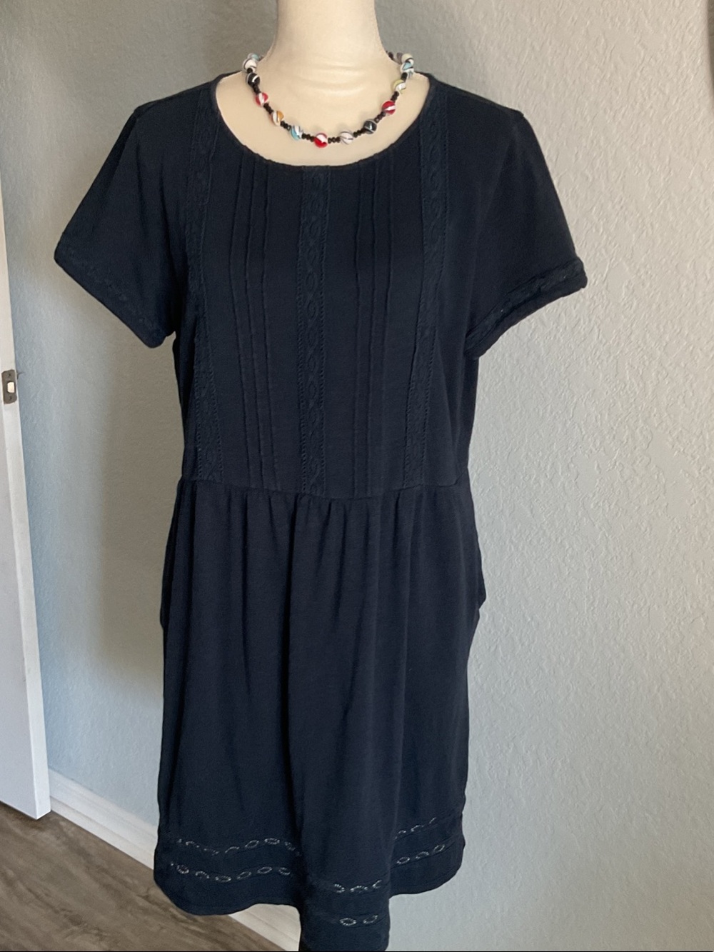 J. Jill Navy Blue Short-Sleeve Mini Dress with Eyelet Trim